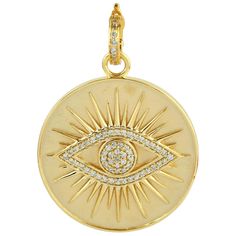 The 14 karat gold pendant medallion is set with .32 carats of shimmering diamonds. Evil Eye symbolizes to ward off negative energy. It promises to keep you safe and sound, which is the most important thing when it comes to fulfilling your dreams. See other charm collection. FOLLOW MEGHNA JEWELS storefront to view the latest collection & exclusive pieces. Meghna Jewels is proudly rated as a Top Seller on 1stDibs with 5 star customer reviews. All items manufactured by us are handmade and can be customized or redesigned. Available in black, white, red and blue enamel. Composition Size-36X26 MM Gold Weight(Gms)-9.37 Diamond Wt(Cts)-0.32 Diamond color: G-H Evil Eye Necklace Gold, Diamond Evil Eye, Gold Diamond Necklace, Diamond Charm, Charm Pendant Necklace, Evil Eye Pendant, Modern Necklaces, Halloween Sale, Handmade Charms