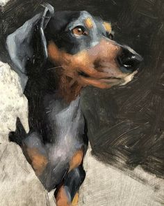 a painting of a black and brown dog