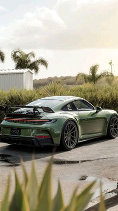 a green sports car parked in a parking lot next to some bushes and palm trees