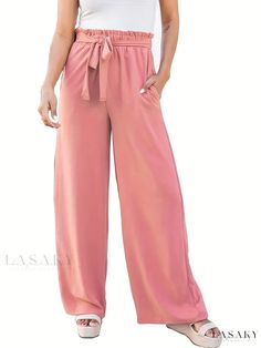 Lasaky - Chic Wide Leg Pants with Tie Front Detail and Paper Bag Waist, Stylish Womens Apparel for Spring and Fall Seasons Pink Wide Leg Pants With Pockets For Day Out, Work Pants Women, Slacks For Women, Pants Loose, High Waist Fashion, Hipster Fashion, Flared Pants, Fashion Color, Boho Women