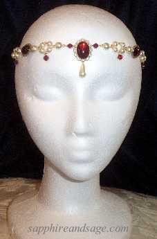 Cassandra Circlet Headpiece www.sapphireandsage.com  Simplicity with flirty flair! The acrylic cabochon stones in this circlet are 14x10mm smooth domed cabochons. The 6mm fire polished bicone accent beads featured are imported glass, as are the 12x7mm and 15x8mm teardrop pearl pendant beads. Medieval Circlet, Jewel Headband, Jeweled Hair, Tiara Hair, Silver Head Piece, Gold Headpiece, Gold Topaz, Jeweled Headband, Light Sapphire