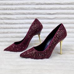 4" (10.2cm) Steel Stiletto Heel Pointed Toe Pump With Burgundy Glitter Brand New Pleaser Brand Item Burgundy 4-inch Heels For Evening, Sequin High Heels For Gala, Glamorous Pointed Toe Holiday Heels, Sparkling Pointed Toe Heels For Cocktail, Pointed Toe Heels For Gala And Party Season, Glamorous Pointed Toe Heels For Holidays, Glamorous High Heel Sequined Heels, Sequin Pointed Toe Heels For Gala, Glamorous Evening Court Shoes With 4-inch Heel