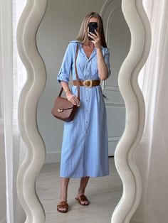 Styling a triped blue shirt dress with brown accessories #shirtdress #striped #blue #summeroutfit #summerstyle #oldmoney Blue Shirt Dress Outfit Summer, Striped Shirt Dress Outfit Summer, Striped Blue Dress Outfit, Blue Striped Dress Outfit Summer, Blue Striped Shirt Dress Outfit, White And Blue Striped Dress, Stripe Shirt Dress Outfit, Blue Linen Dress Outfit, Navy Shirt Dress Outfit