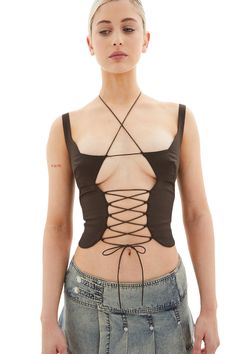 Lace up corset from KNWLS SS'23 collection is made from stretchy cotton blend. Halterneck tie fastening. Adjustable shoulder straps. Rear zip fastening. Cotton Corset, Lace Up Corset, High End Fashion, Modern Fashion, Girls Night Out, Fashion Fashion, Girls Night, Stretch Cotton, Shoulder Straps