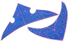 a blue and pink design with swirls on the bottom half of an arrow shaped object