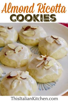 almond ricotta cookies on a plate with the title in the middle and bottom photo