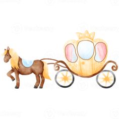 a horse drawn carriage with a princess's crown on the top, and an orange tail