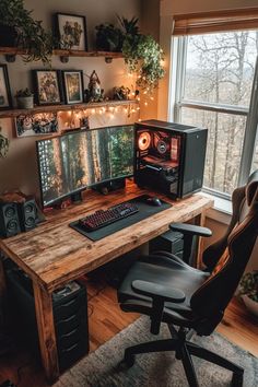 a computer desk with two monitors and speakers in front of a large window filled with potted plants