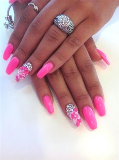 ♥♥♥ Bright Pink Nails, Long Gel Nails, Nagel Design, Pink Gel Nails, Hot Pink Nails, Valentine Nails, Glitter Gel Nails, Her Nails, Pink Acrylic Nails