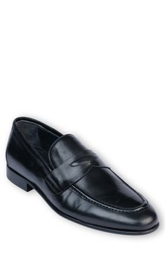 Handmade of smooth leather, this moc-toe dress shoe with a classic penny loafer silhouette offers a sophisticated, elegant look. Leather upper and lining/synthetic sole Made in Turkey Formal Wingtip Fitted Moccasins, Formal Fitted Wingtip Moccasins, Classic Fitted Loafers With Branded Insole, Classic Formal Loafers With Leather Lining, Classic Slip-on Dress Shoes For Business, Formal Slip-on Moccasins With Moc Toe, Elegant Moc Toe Business Moccasins, Classic Slip-on Moccasins For Formal Occasions, Elegant Fitted Moccasins For Formal Occasions