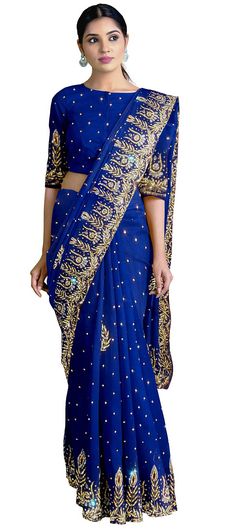 Bridal, Wedding Blue color Saree in Georgette fabric with Classic Stone work : 1739344 Festive Blue Wedding Pre-draped Saree, Fitted Blue Pre-draped Saree With Intricate Embroidery, Party Blue Pre-draped Saree With Intricate Embroidery, Fitted Blue Pre-draped Saree For Festive Occasions, Elegant Blue Pre-draped Saree For Festive Occasions, Blue Fitted Pre-draped Saree For Reception, Blue Pre-draped Saree With Intricate Embroidery For Diwali, Blue Georgette Pre-draped Saree With Pallu, Blue Pre-draped Saree For Navratri Reception