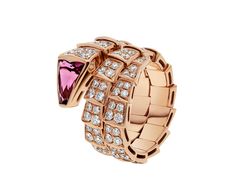 Serpenti Viper Two-coil 18 Kt Rose Gold Ring Set With Full Pavé Diamonds And A Rubellite On The Head Bulgari Ring, Coil Ring, Bulgari Jewelry, Rose Gold Ring Set, Bvlgari Jewelry, Bvlgari Serpenti, Italian Jewelry, Gold Ring Sets, Snake Ring