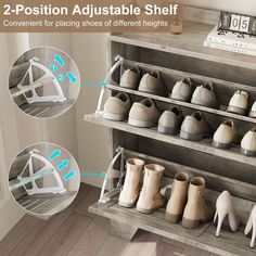 two - position adjustable shoe shelf for placing shoes on different heights and widths, shown with instructions