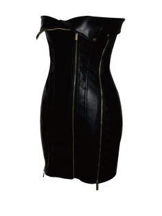 Turn heads in the Annora Black Vegan Leather Mini Dress, a chic statement piece. This strapless mini dress crafted from vegan leather exudes edgy sophistication, featuring gold hardware details and fold-over leather panels at the bust for a sleek look. Fully lined inside, the dress offers three exposed gold zipper closures at the front, allowing for easy wear and adjustable slits at the side zippers. Perfect for casual events, birthdays, nights out, vacations, dinner parties, or any special occa Chic Faux Leather Bodycon Dress For Club, Chic Mini Dress With Zipper For Night Out, Chic Zipper Mini Dress For Night Out, Chic Mini Dress With Side Zipper For Club, Elegant Faux Leather Bodycon Dress For Going Out, Chic Bodycon Dress With Zipper For Night Out, Strapless Faux Leather Mini Dress For Date Night, Chic Faux Leather Bodycon Evening Dress, Chic Faux Leather Mini Dress For Club