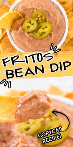 the recipe for fritos and bean dip is shown in two different pictures, one with