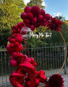 red balloons and flowers are on display in front of a gate with the words marry me too?