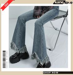 High-rise Fringed Flared Denim Trousers Vintage Jeans Style, Denim Decor, Middle Age Fashion, Blue Tassel, Baggy Pant, Street Outfit, Women Denim Jeans, Spring And Autumn, Vintage Jeans