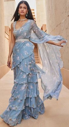 Shaadi Ideas, Ready Made Saree, Blue Magnolia, Magnolia Print, Leaf Sleeve, Desi Vibes, Mehendi Outfit, Ruffle Sarees