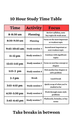 a poster with the words, 10 hour study time table and times for each student