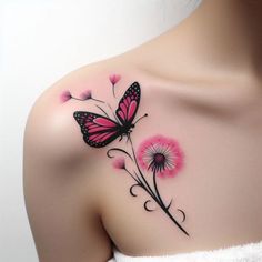 a woman's shoulder with a pink butterfly and dandelions on it