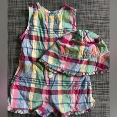 New Infant's "Ralph Lauren" 2-Piece Plaid Madres Sun Dress, Size: 6-12 Months, 100% Cotton, Made In The Philippines Plaid Cotton Playtime Set, Casual Play Sets For Spring, Playful Plaid Sets For Spring, Multicolor Cotton Play Sets, Pink Cotton Play Sets, Sleeveless Summer Play Sets, Multicolor Playwear Sets For Spring, Playful Sleeveless Play Sets, Cute Ralph Lauren Summer Tops