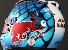 the helmet is designed to look like a red bull