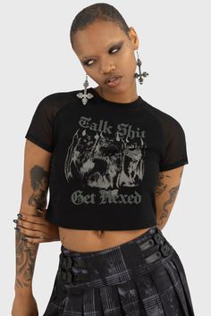 Talk Shit Crop Top Cat Crop Top, Grunge Egirl, Punk Outfits, Cropped Tops, Custom Graphics, Goth Outfits, Black Crop Tops, Blazer Coat, Beauty Make Up