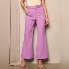 Brand New With Tags Chic Belted Bottoms For Spring, Spring High-waisted Belted Pants, Spring Wide-leg Belted Bottoms, Trendy Spring Dress Pants With Belt Loops, Belted High-waisted Pants For Spring, Belted Wide-leg Pants For Spring, Purple Wide Leg Bottoms For Fall, Wide Leg Purple Bottoms For Fall, Trendy Spring Wide Leg Pants With Belt Loops