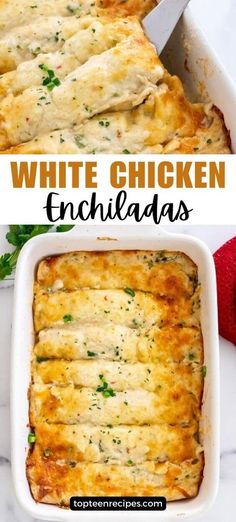 white chicken enchiladas in a casserole dish with text overlay