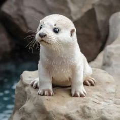 a small white seal sitting on top of a rock