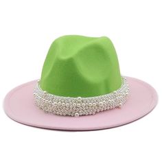 Pink and Green Fedora - Pink Fantasma Green Fedora Hat, Mens Fedora Hat, Cowboy Hat Styles, Pearl Belt, Mens Fedora, Wool Fedora Hat, Womens Fedora, Bride Hat, Fedora Hat Women