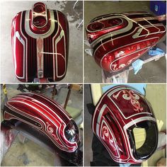 four pictures of red and white luggage in various stages of being painted with metallic paint