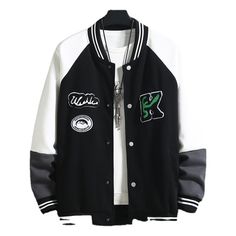 Casual Sports Outerwear With Patchwork, Sporty Varsity Jacket With Pockets For Sports, Sporty Varsity Jacket For Sports, Casual Outdoor Varsity Jacket With Letter Print, Winter Sports Varsity Jacket With Pockets, Casual Varsity Jacket For Fall, Casual Varsity Jacket For Fall Outdoor Events, Casual Cotton Varsity Jacket For Outdoor, Casual Varsity Jacket For Outdoor Fall Events