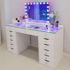 PRICES MAY VARY. RGB BACKLIT & FRONT LIGHT MIRROR - With 18 LED Bulbs and full-spectrum RGB backlit, the vanity mirror not just for makeup, but also perfect as room decor. Front light can be switched by 3 color and backlit can be switched by 6 Static color and 1 dynamic color, illuminating your beauty with amazing lighted mirror. VISIBLE DESKTOP WITH RGB LIGHT - Different from regular one, our makeup desk is convenient for daily makeup or skincare with visual tabletop, helping you to find out items through clear view. Design with built-in RGB light, the vanity dresser not just for storage, but also for decoration. ADEQUATE STORAGE CAPACITY - With size of 60" L x 24" W x 31.9" H, the white vanity desk have 13 storage drawers (3 size of drawers), providing extra large storage space, allowing Skincare Table Ideas, Bedrooms For Small Spaces, Cute Thing To Add To Your Room, Clear Vanity Table, Cute Ways To Set Up Your Bedroom, Large Vanity Desk, Clear Top Vanity, Vanity Clear Top, My Dream Vanity