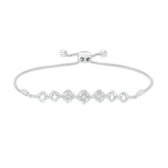 Add a little sparkle to your casual or dressy looks with this journey diamond accent graduated square frame bracelet. Created in sterling silver Seven tilted square shapes graduate in size to the largest at the center. Round diamond accents shimmer inside the three largest links. This wheat chain bracelet measures 9.5 inches in length and secures with a bolo clasp and ball ends. Journey diamond jewelry is designed to celebrate love. Graduated stones represent how love grows stronger over time. Rectangular Bracelets With Diamond Accents For Anniversary, Adjustable Silver Diamond-cut Bracelet, Silver Diamond Cut Bracelet With Adjustable Fit, Elegant Square Adjustable Bracelets, Elegant Silver Square Bracelet, Modern Adjustable Silver Diamond Bracelet, Modern Adjustable Tennis Bracelet With Diamond Accents, Adjustable Everyday Diamond Bracelet With Accents, Adjustable Diamond Bracelet With Diamond Accents