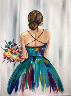 a painting of a woman in a blue dress with flowers on her shoulder and back