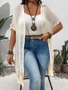 Plus Size Women's Summer Countryside Holiday Solid Color Splice Fringe Hem Hollow Out Batwing Short Sleeve Open Front Jacket Apricot Casual  Short Sleeve Woven Fabric Plain  Non-Stretch  Women Plus Clothing, size features are:Bust: ,Length: ,Sleeve Length: Cheap Casual Fringe Outerwear, Beige Fringe Cardigan For Fall, Oversized Fringe Cardigan For Fall, Fringe Long Sleeve Outerwear For Rodeo, Cozy Fringe Cardigan For Fall, Plus Size Boho Clothing, Summer Countryside, Court Outfit, Open Front Jacket