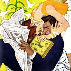 an illustration of a man and woman hugging each other while reading the paper news together