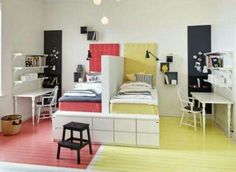 a bedroom with white walls and yellow flooring