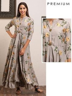 Floral Printed Gota Worked Slit Jacket & Gathered Detachable Inner - Grey - | Brand: Fashor Cotton Anarkali, Kurti Neck, Designer Kurtis, Kurti Neck Designs, Grey Floral