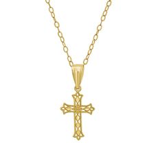 Perfect for a First Communion gift, or any occasion, this 14k gold Charming Girl fancy cross pendant is a beautiful symbol of her faith. Perfect for a First Communion gift, or any occasion, this 14k gold Charming Girl fancy cross pendant is a beautiful symbol of her faith. Nickel free Metal: 14k gold Chain length: 15 in. Packaging: boxed Plating: 14k gold Finish: diamond-cut, textured Pendant size: 23 mm x 11.3 mm Chain type: cable Size: 15". Color: Multicolor. Gender: female. Age Group: kids. 14k Gold Cross Necklace For First Communion, Yellow Gold Cross Pendant Necklace For First Communion, Yellow Gold Cross Necklace For First Communion, Fancy Cross, Christian Cross Necklace, Beautiful Symbols, First Communion Gifts, Communion Gifts, Christian Cross