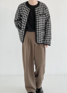 Grey Tweed Plaid Loose Jacket | Seonghwa - ATEEZ XXL Casual Plaid Tweed Outerwear, Plaid Long Sleeve Tweed Jacket For Winter, Casual Plaid Tweed Jacket With Long Sleeves, Casual Beige Tweed Jacket With Pockets, Beige Houndstooth Outerwear For Spring, Casual Tweed Blazer With Houndstooth Pattern, Casual Tweed Outerwear For Work, Plaid Tweed Long Sleeve Jacket For Winter, Casual Houndstooth Tweed Blazer