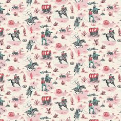 an image of a pattern with horses and cowboys on it's pink background for wallpaper