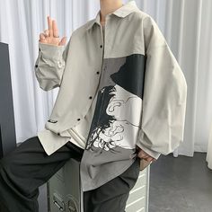 Color: grey, size: XXXL Shirt Korean Style Men, Tomboy Korean, Korean Style Men, Shirt Korean Style, Illusion Paintings, Long Sleeve Collared Dress, Korean Anime, Man Clothes, Clothes Streetwear