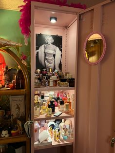 an open closet filled with lots of personal care products and beauty products on shelves next to a mirror