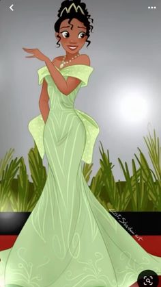 an animated image of a woman in a green dress on the red carpet with grass behind her