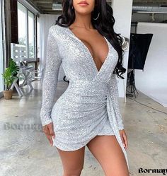 Bormay - Glamorous Ladies' Dress with Long Sleeves and Sensuality Glitter Shorts, Bachelorette Outfits, Bugatti Cars, Dresses Bodycon, French Beauty, Glitter Party, Long Sleeve Gown, Bodycon Dresses, Silver Dress