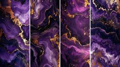 three panels with purple, gold and black marbled designs on the sides each panel has a different color scheme