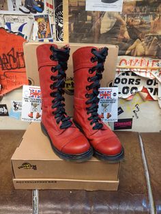 This pair of 14 hoke Dr Martens boots were from an extremely popular range which are no longer in production. They are the Triumph 1914 women's 14 hole boot. They are finished in a beautiful Red leather  They have a stitched toe cap and a buckle at the back as you can fold the boot down to show off the floral lining  They are a UK size 5, European 38, ladies USA 7 White Panther, Dr Martens White, Fashion Bible, Funky Shoes, Funky Outfits, Dr Martens Boots, Dr. Martens, Boot Shoes Women, Cute Shoes