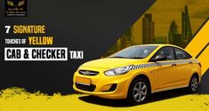 a yellow taxi cab parked in front of a black and yellow background with the words, signature tours of yellow cab & checker taxi